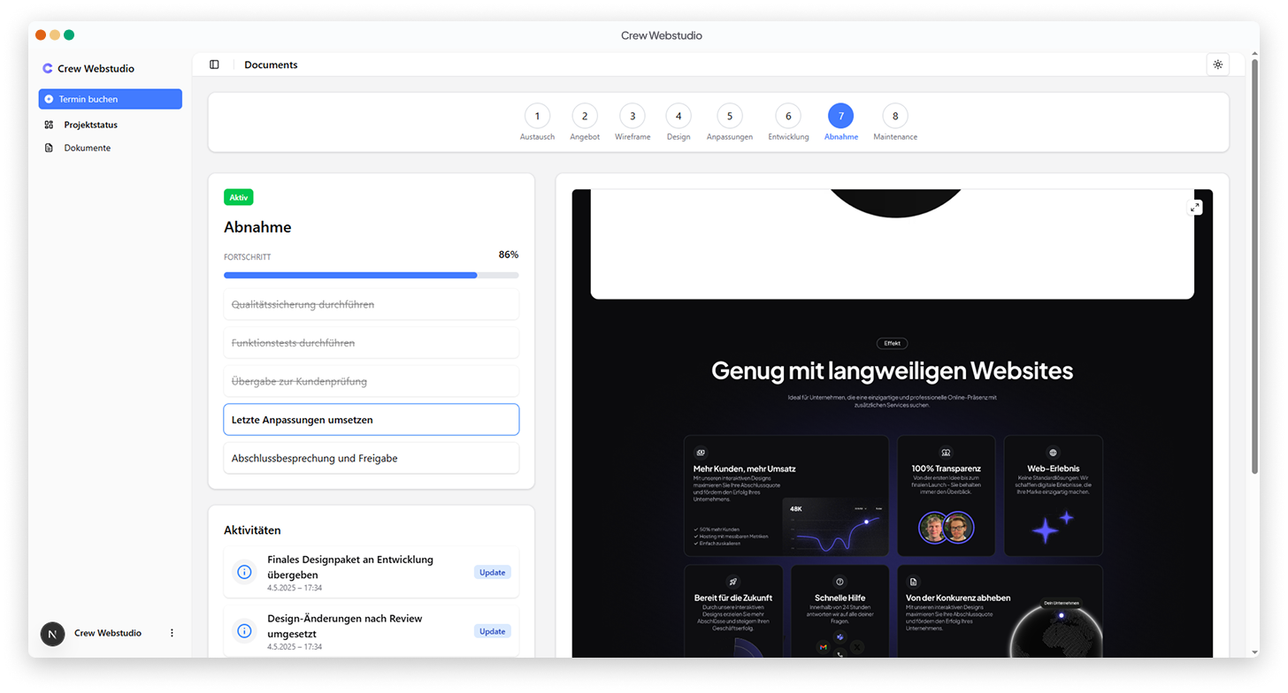 Screenshot des Kundenportals
